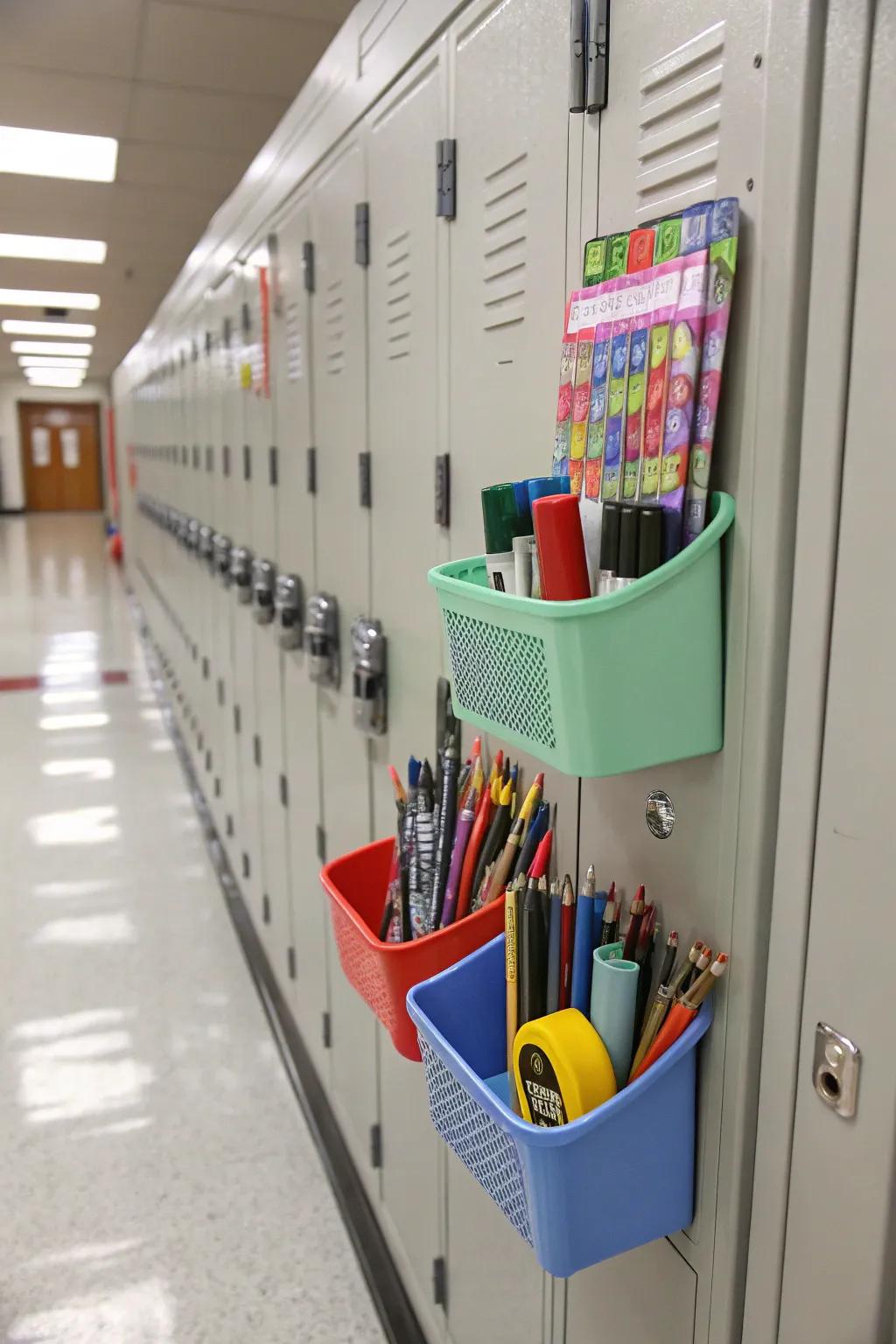 Magnetic organizers within a locker, ensuring supplies are neat and accessible.