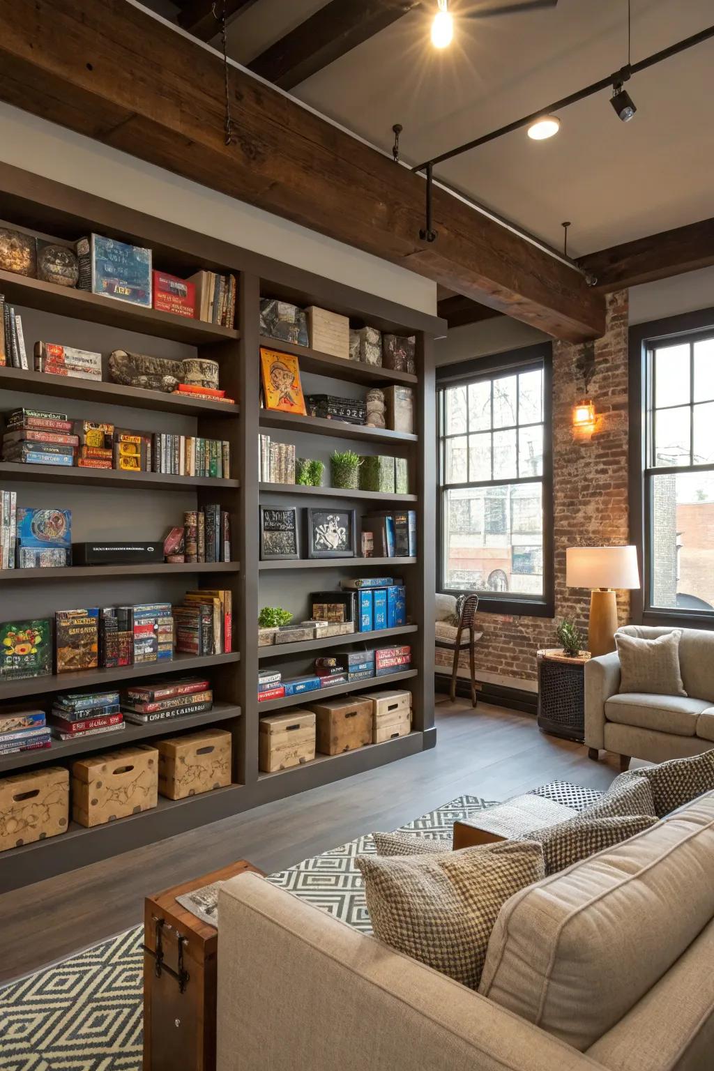 Integrated shelving offers possibilities for both storage and decorative display.