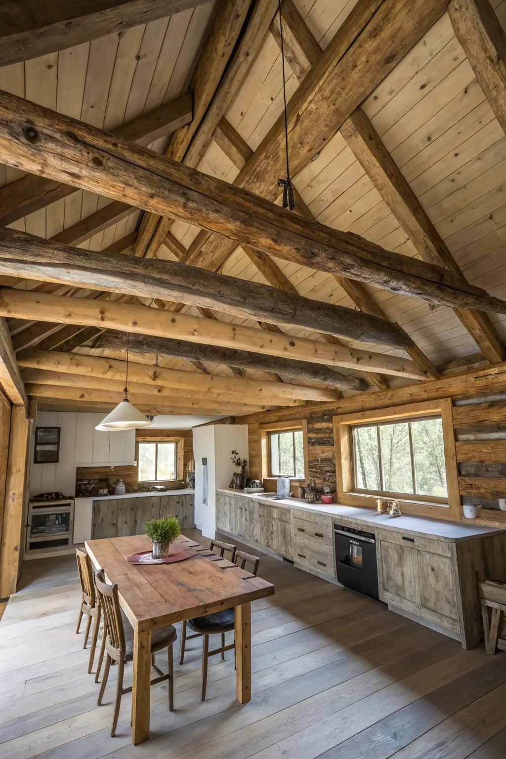 An ample log cabin kitchen featuring prominent open lumber beams.