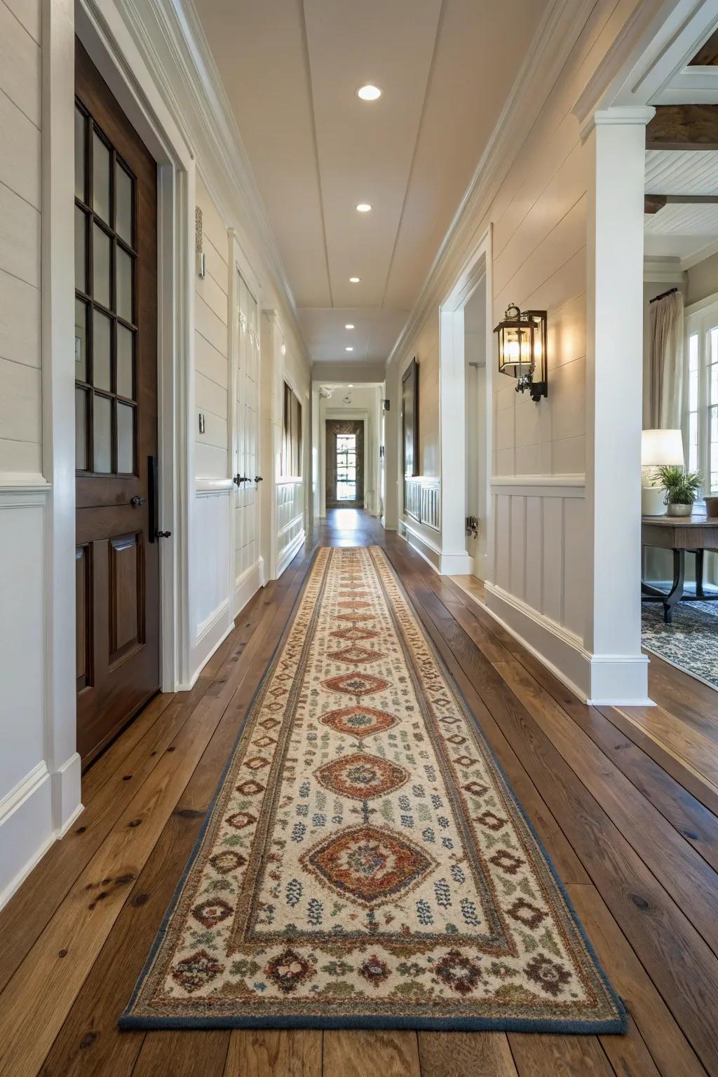 A patterned runner rug lends warmth and guidance to a sprawling entryway.