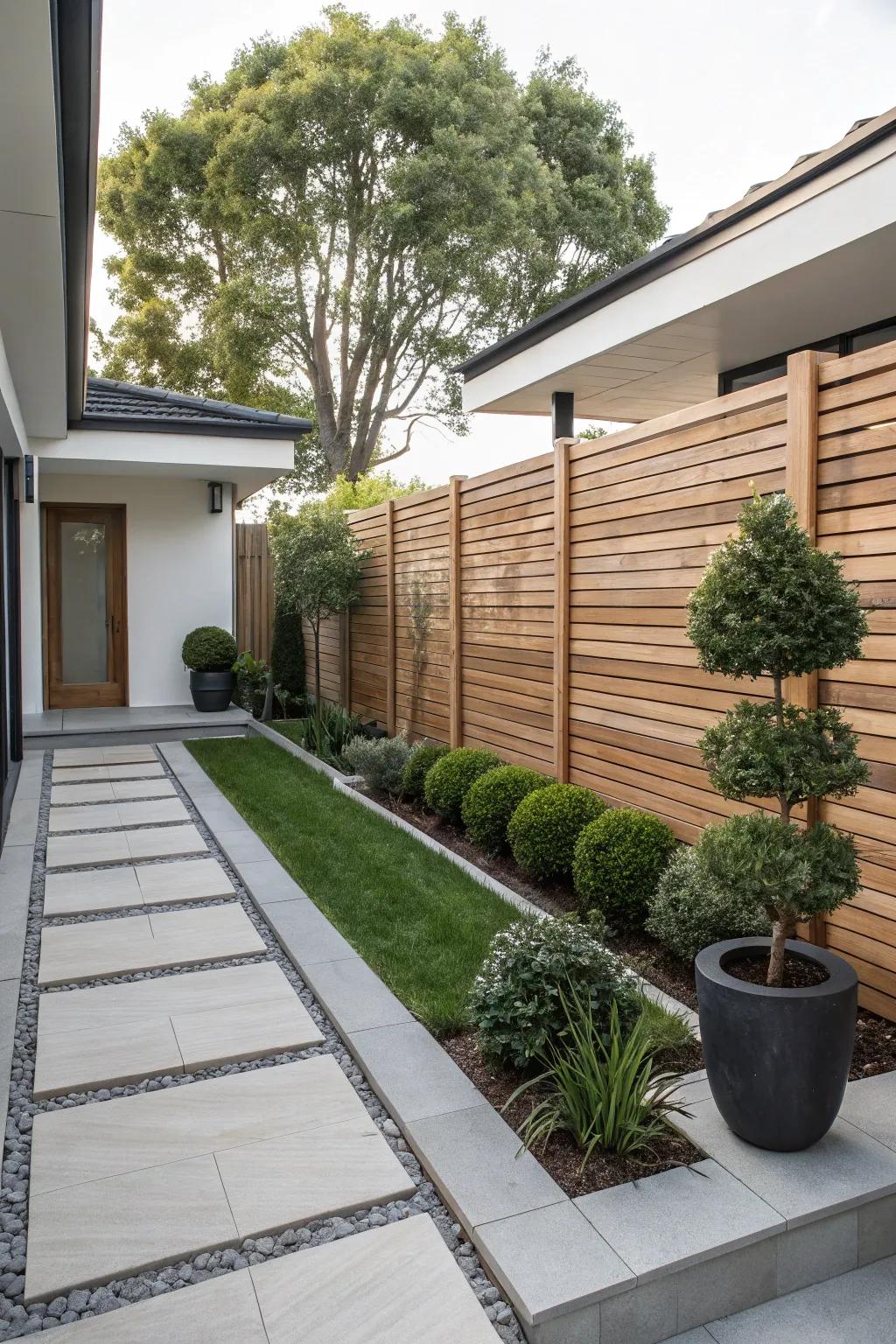 A contemporary horizontal plank fence complements the minimalist design of this front yard.