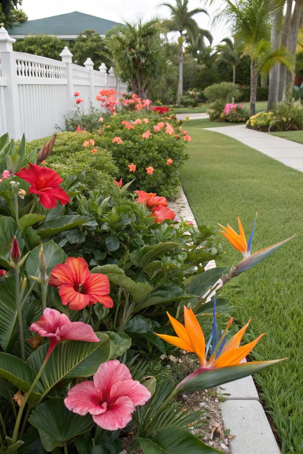 Tropical specimens creating a vibrant display in a Florida landscape.