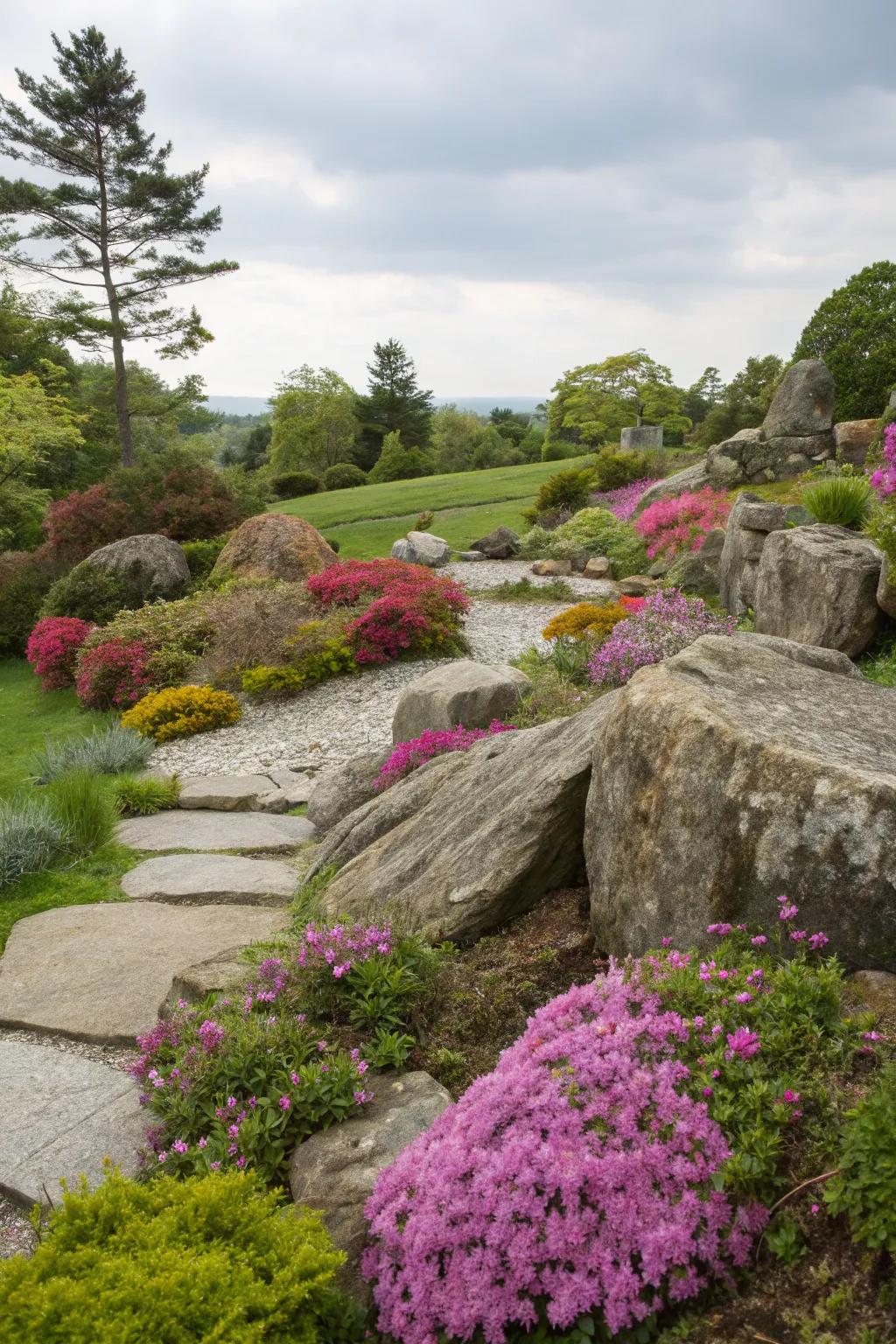 Organic rocks introducing drama and elegance to a perennial garden.