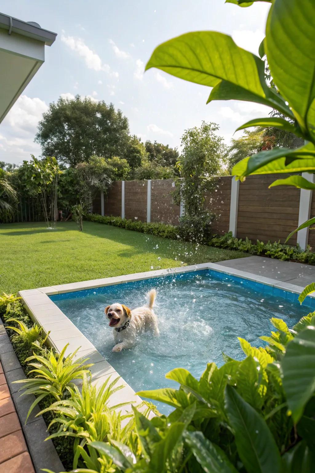 A spirited aquatic basin situated within a pet-centric garden milieu.