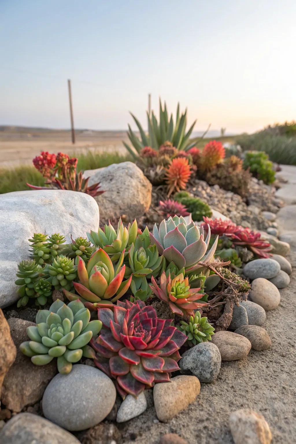 Succulents nestled among stones, creating a sustainable garden environment.