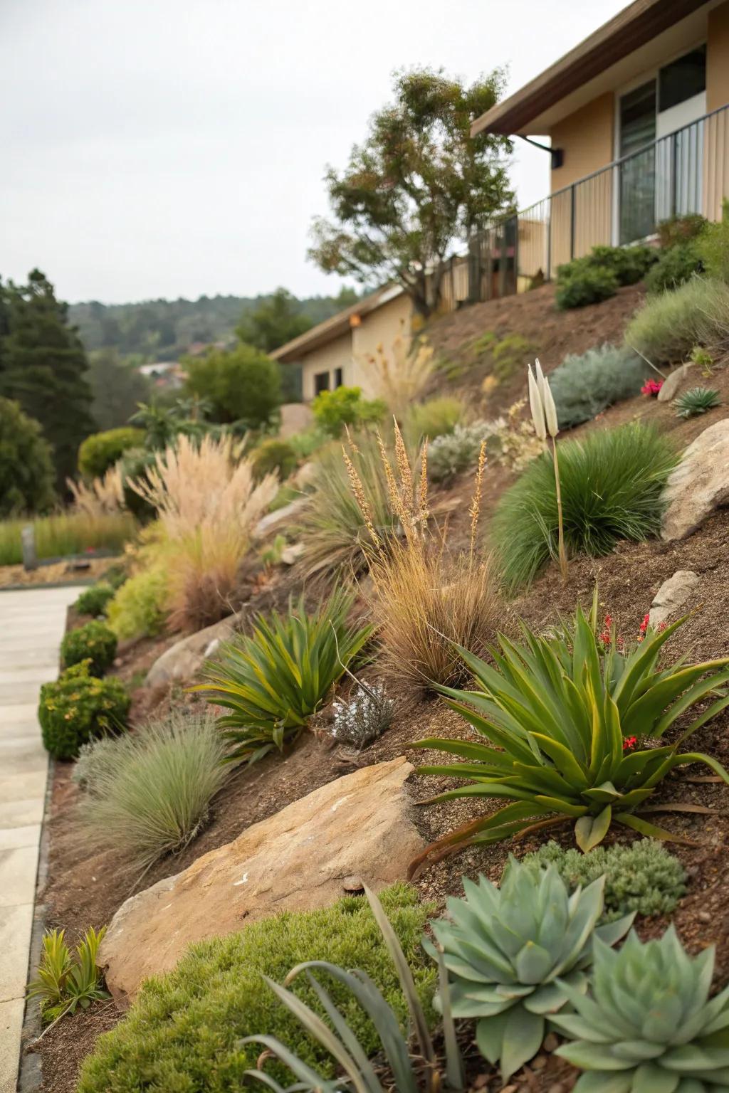 Arid-loving plants add color and ease to any slope.