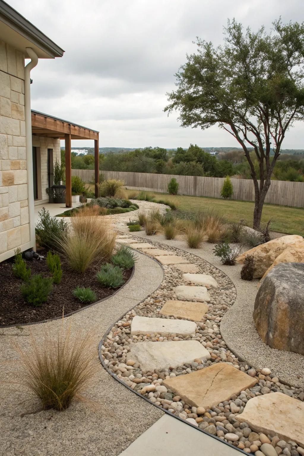 Gravel and stone-based gardens offer a sophisticated alternative to grassed yards.