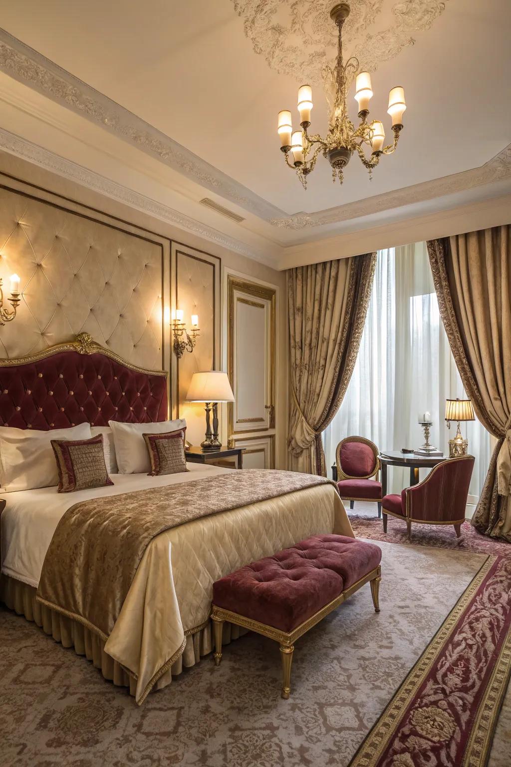 A luxurious bedroom featuring lush velvet and silk materials.