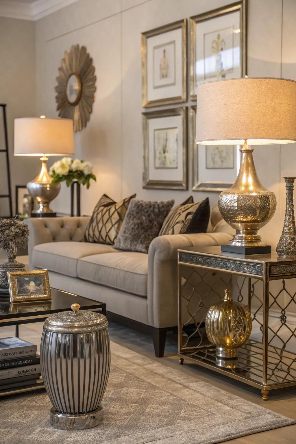 Gleaming metallic accents offer a touch of glamor to this living space.