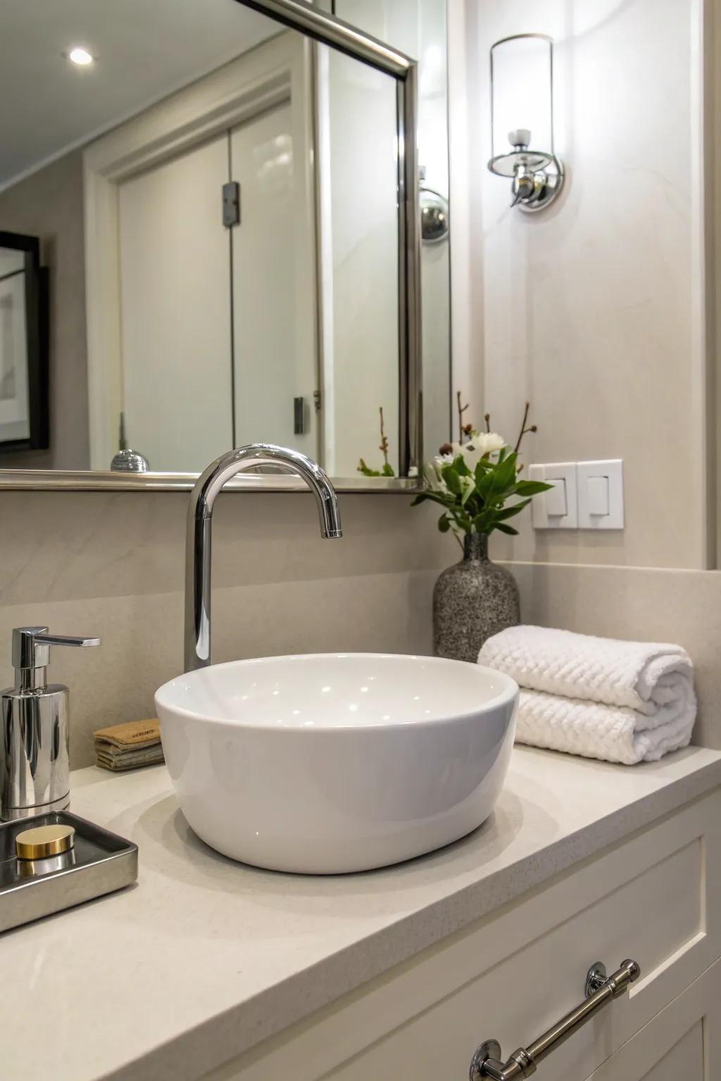 Refined fixtures craft a contemporary appearance in this bathroom.