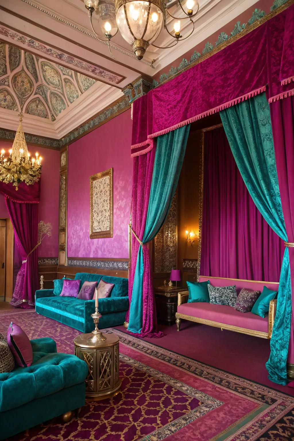 Cerise and rich shades create a lavish and luxurious atmosphere.