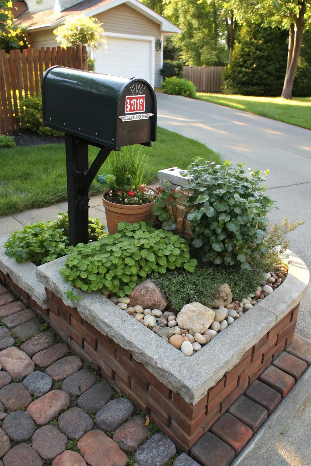 Stone and brick edging adds structure and elegance to a mailbox planter.