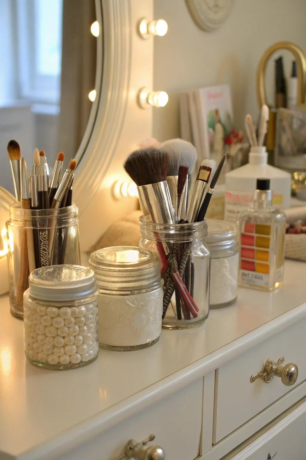 Converted jars provide an earth-friendly and classy means of storing brushes.