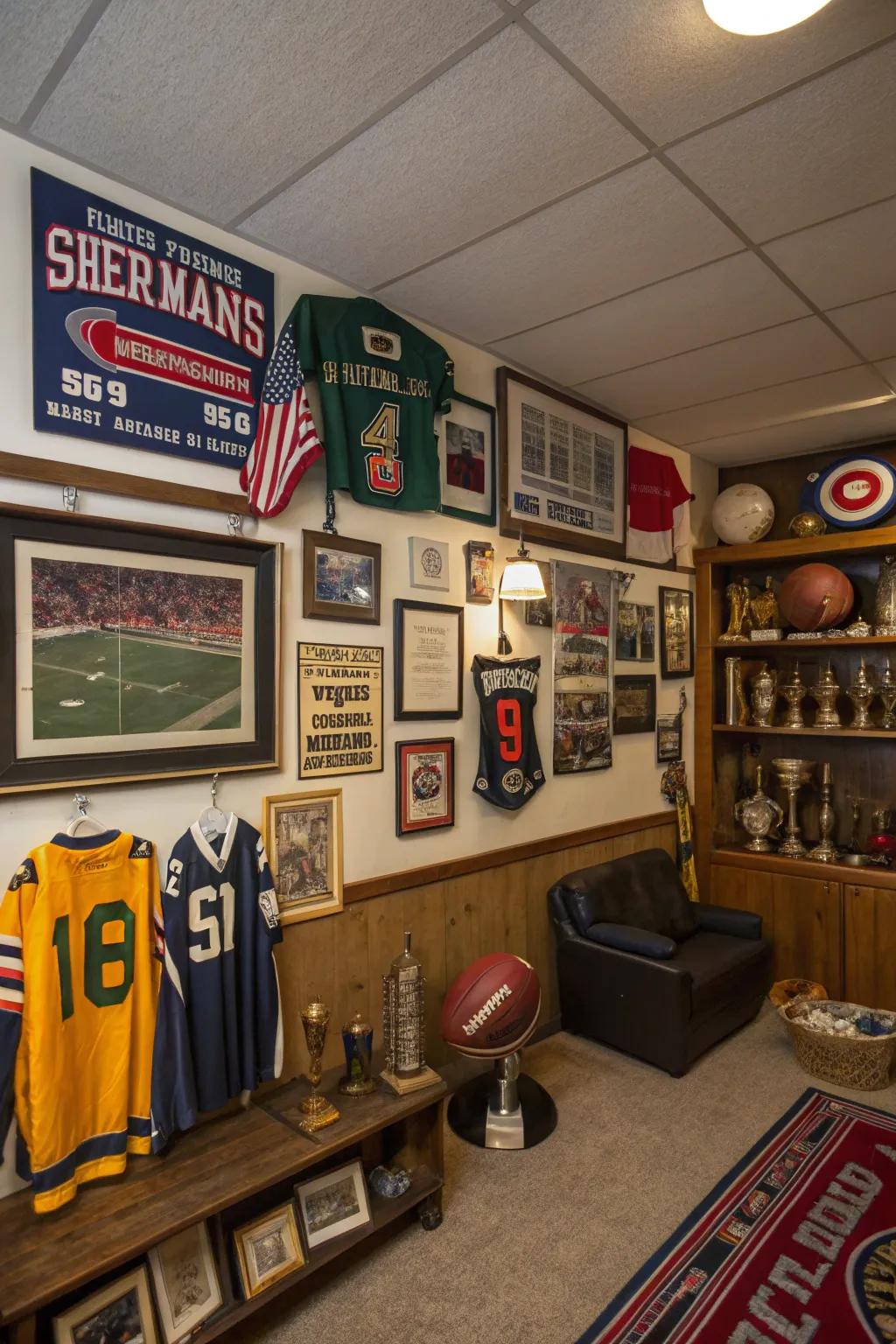 Personalized thematic touches displayed in a man cave.