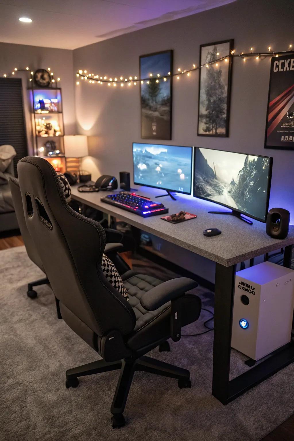 A gaming sanctuary complete with ergonomic seating and numerous displays.