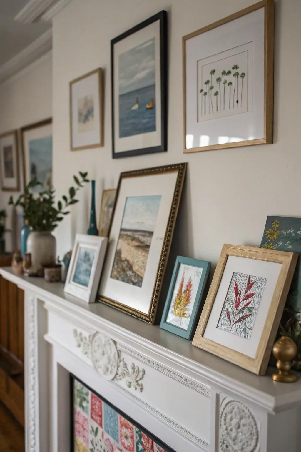 An array of artwork adds a personal and dynamic touch to this mantel.