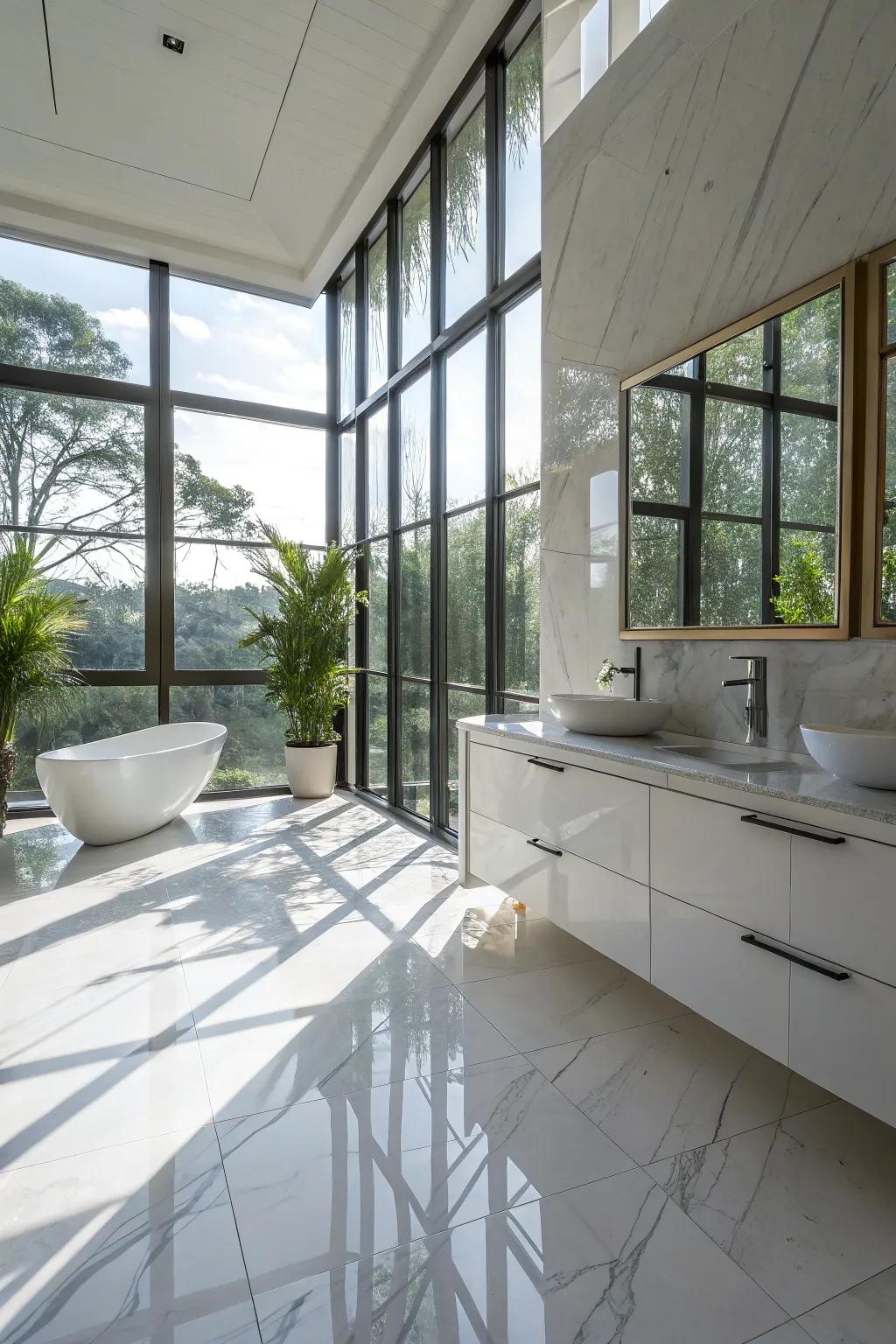 A bathroom drenched in natural light, accentuating the allure of limestone-effect porcelain tiles.