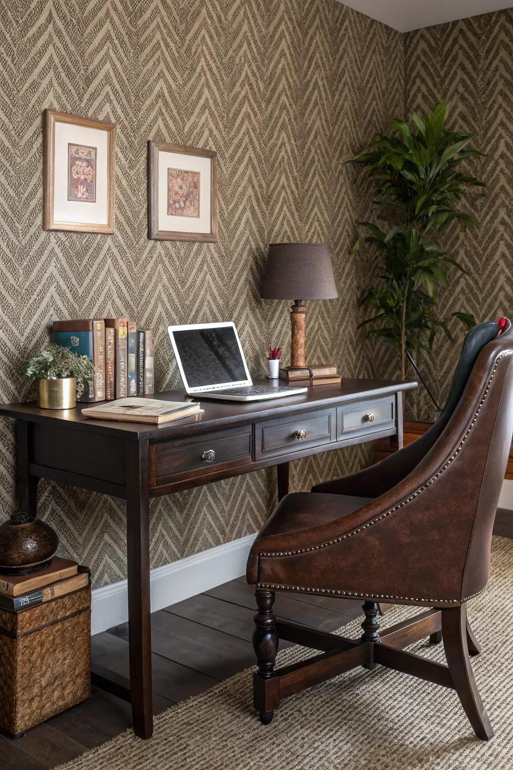Tweed wallcovering introduces a refined texture.