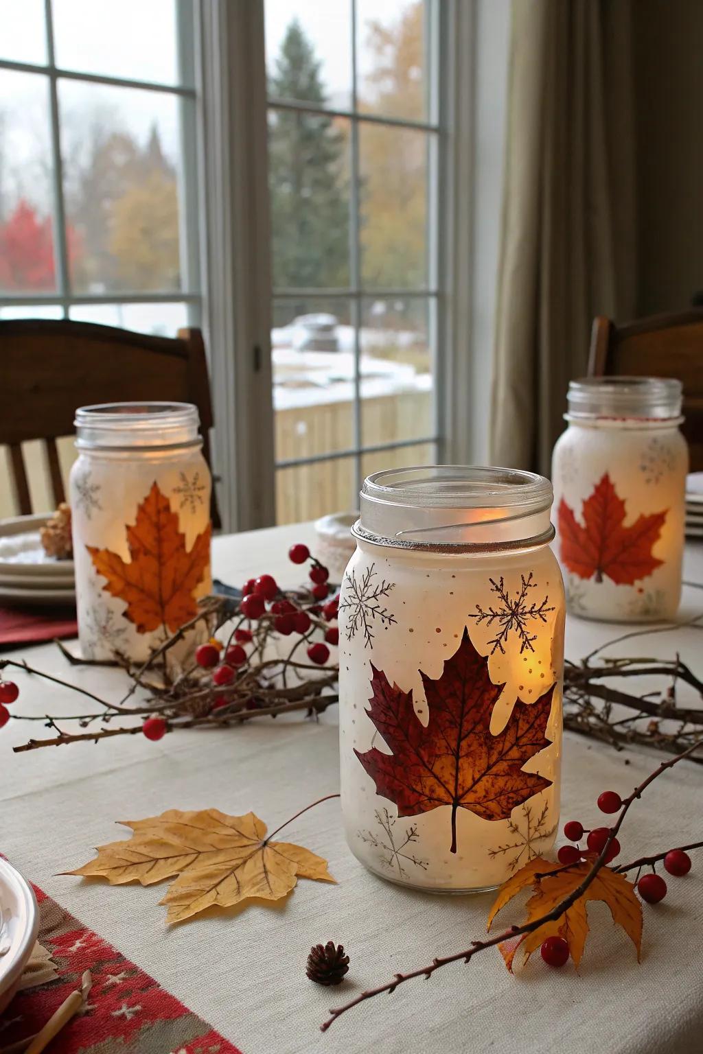 Decorate your home with glass jars artistically painted for the seasons.