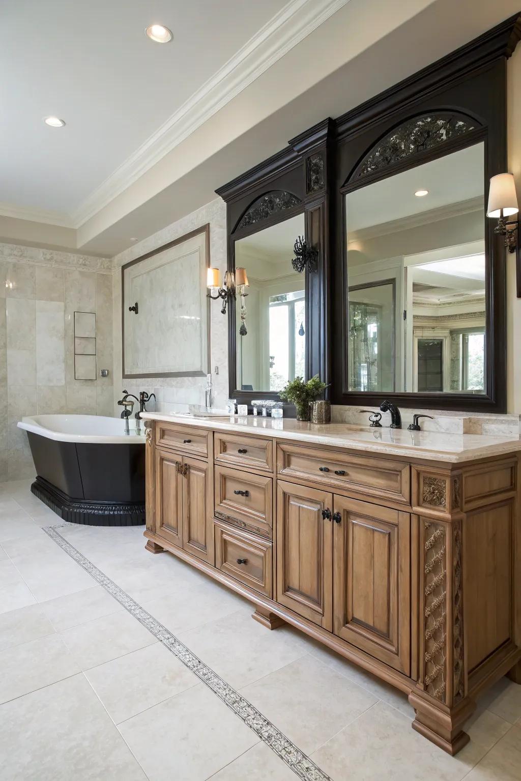 A primary bathroom layout showcasing contrasting ebony and pale timber vanities.