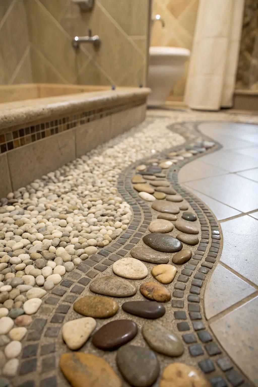 A shower base fashioned with shingle pavers to conjure a native, placid atmosphere.