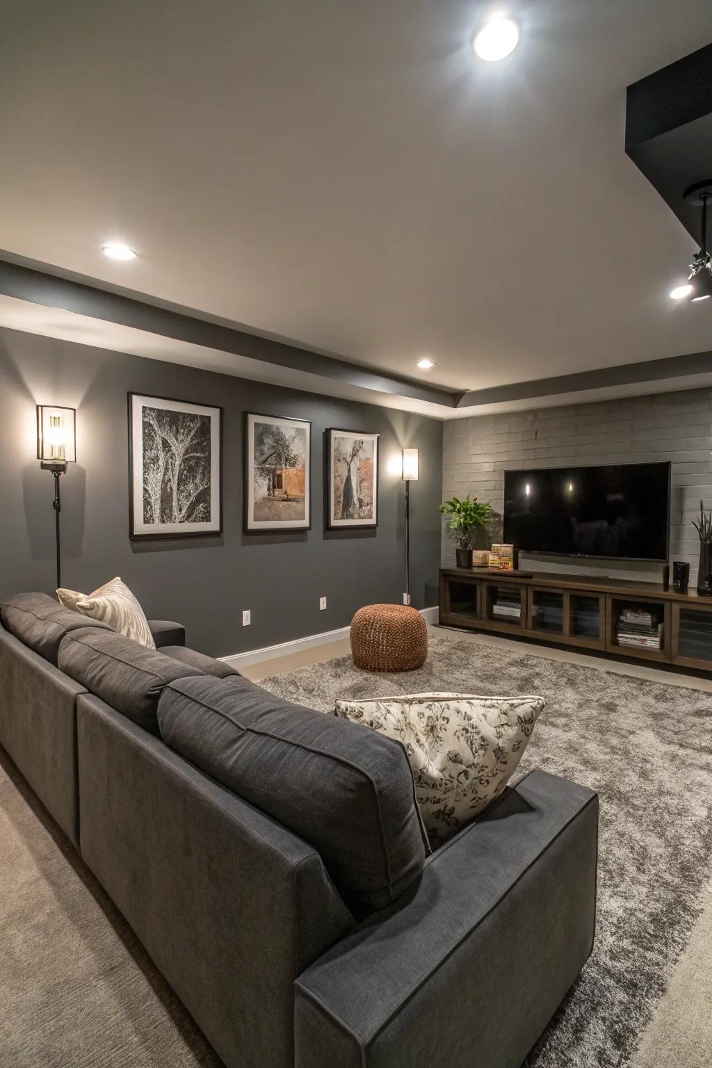 A chic media room showcasing concrete grey walls, illustrating contemporary simplicity.