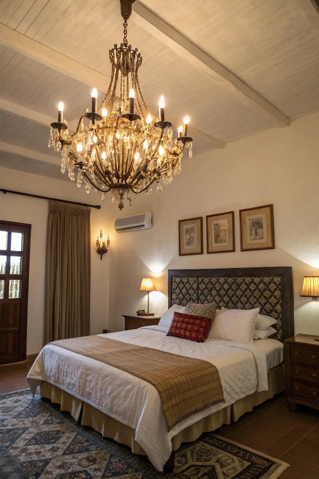 A bedroom highlighted by a striking pendant light.