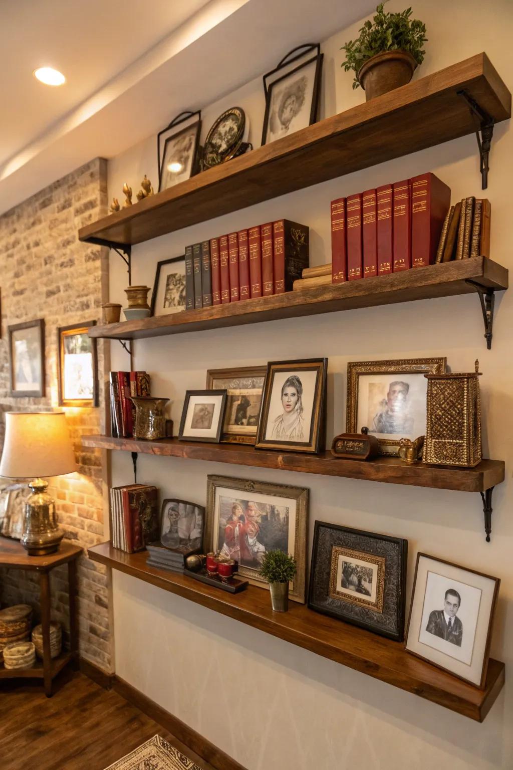 Ornate shelving brimming with esteemed keepsakes fashioning a dynamic remembrance display.