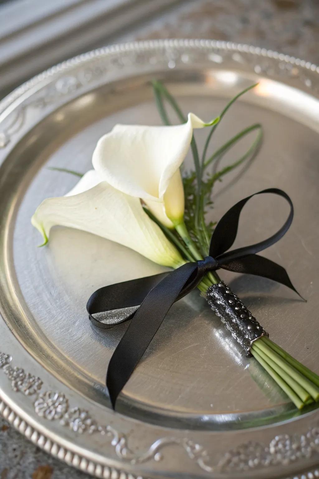 Calla lily boutonnieres inject contemporary refinement into any suit.