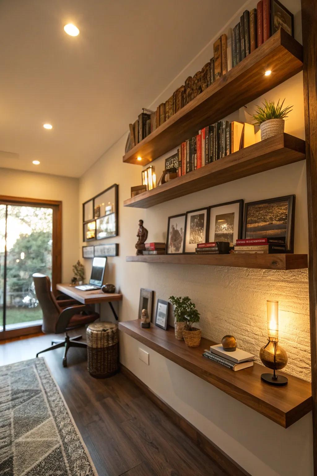 Elevated shelves offer chic storage alternatives in this residential office.
