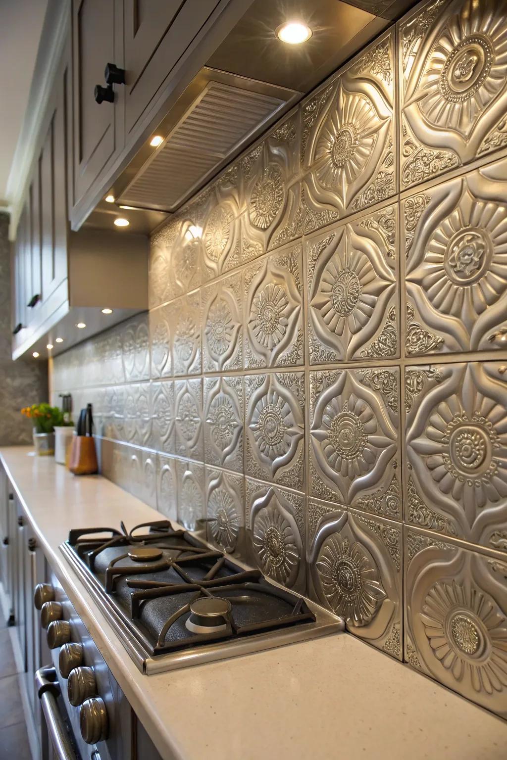 A kitchen space decorated with fine EtchMetal ornamental tiles.