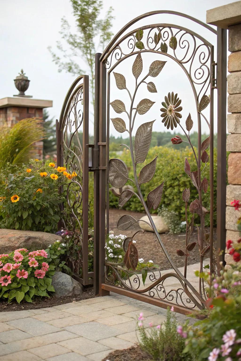 Nature-inspired motifs impart an artistic essence to metal gates.