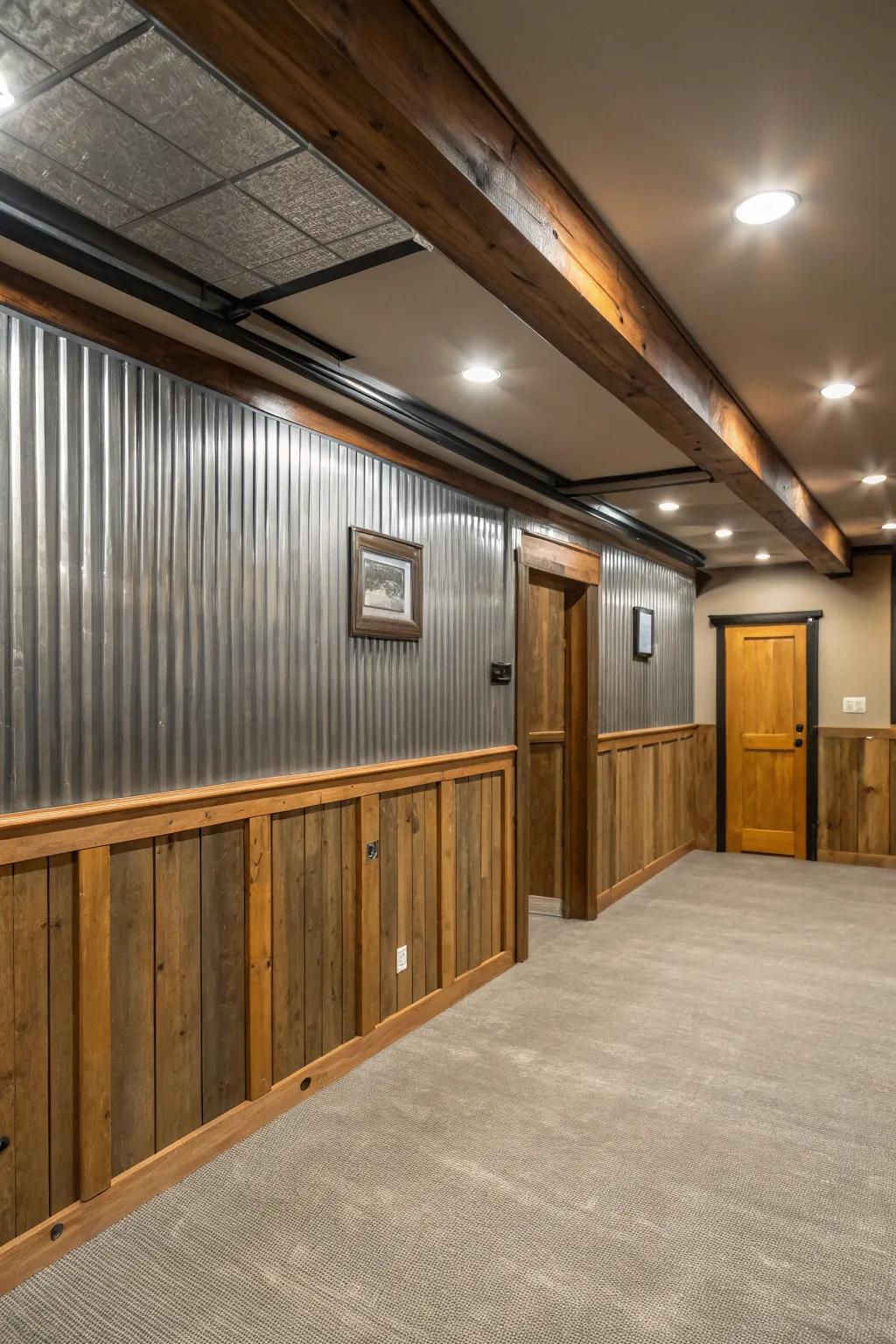 Establish a contemporary and inviting basement utilizing metallic paneling.