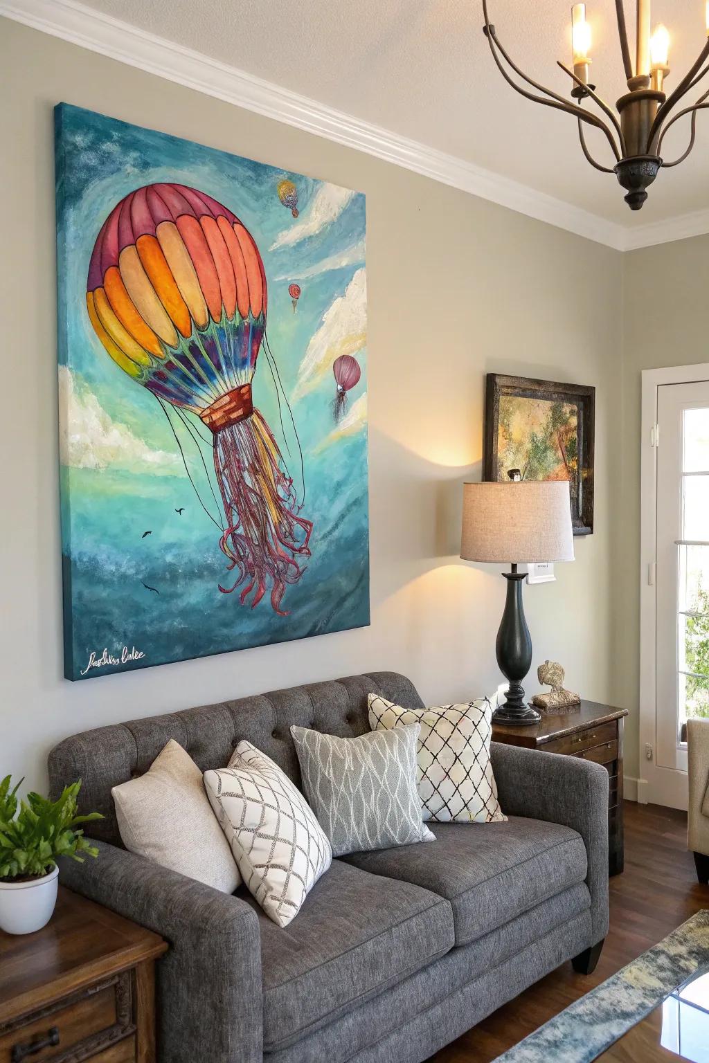 A hot air balloon drifts into a jellyfish, bringing a sense of whimsy to your home.