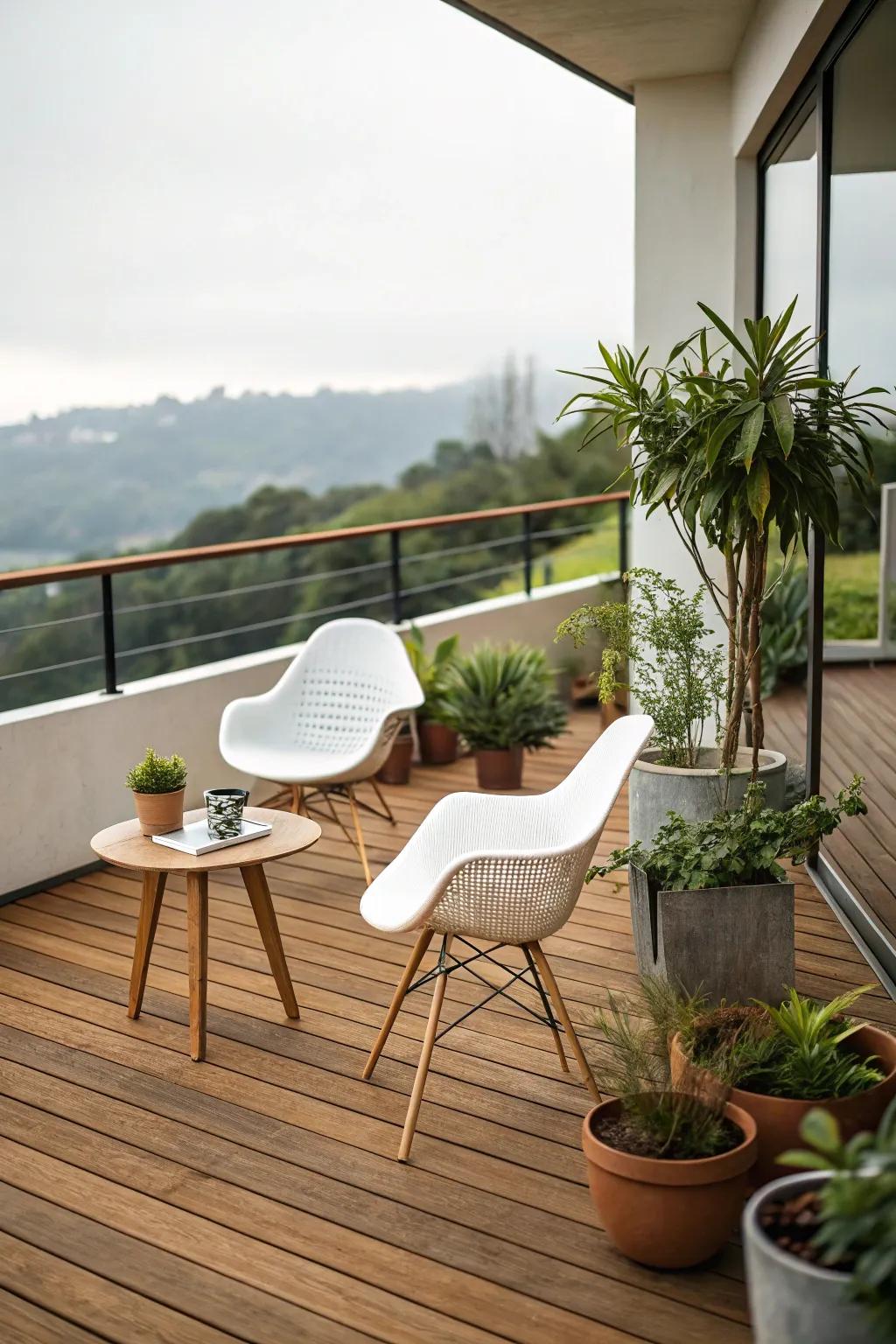 Wooden terraces offer a warm and hospitable outdoor area.