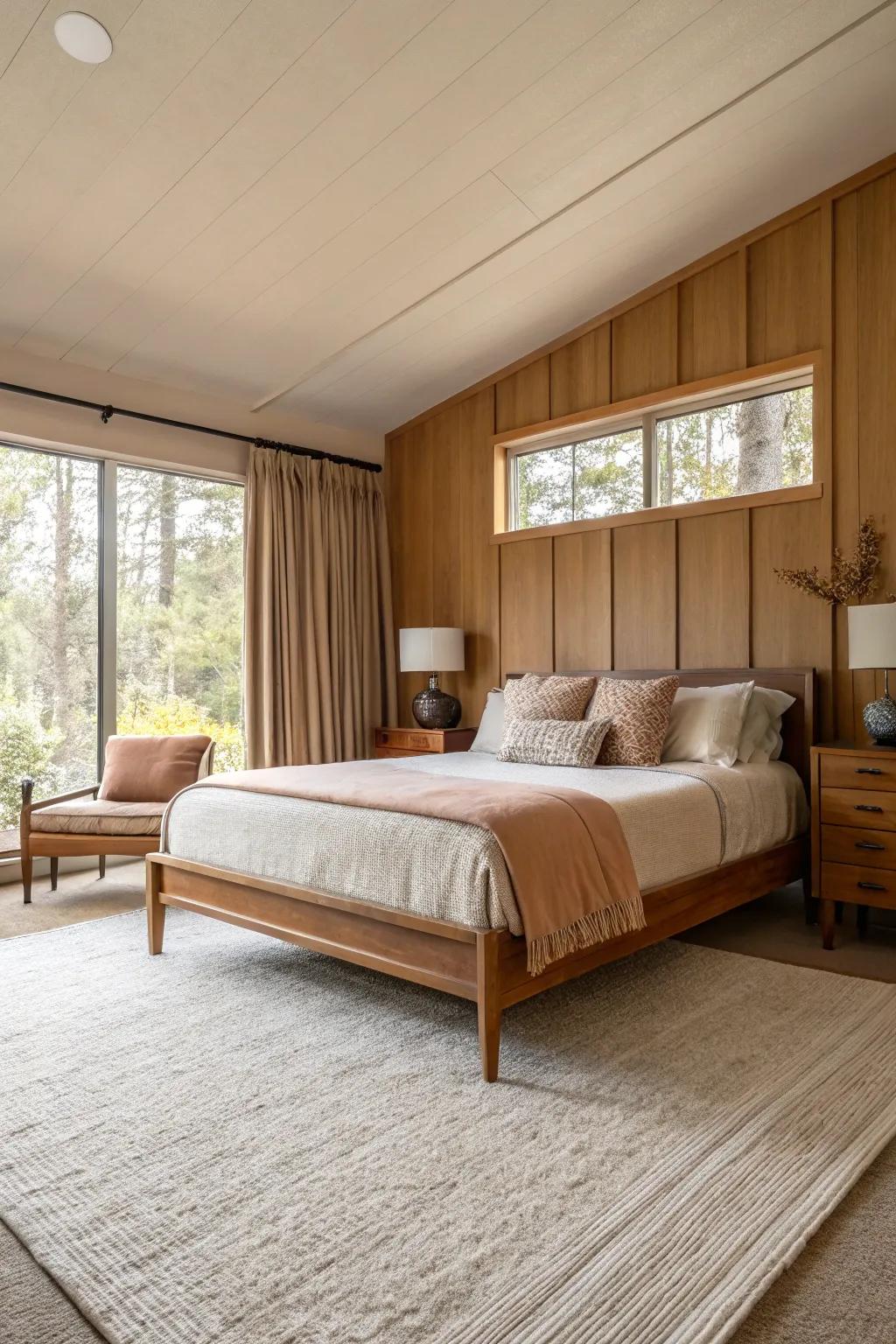 A mid-century modern bedroom featuring a relaxing palette of subdued and natural shades.