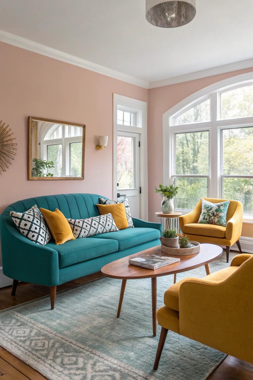 Bold color accents, such as teal and amber, bring vibrancy to this mid-century modern space.