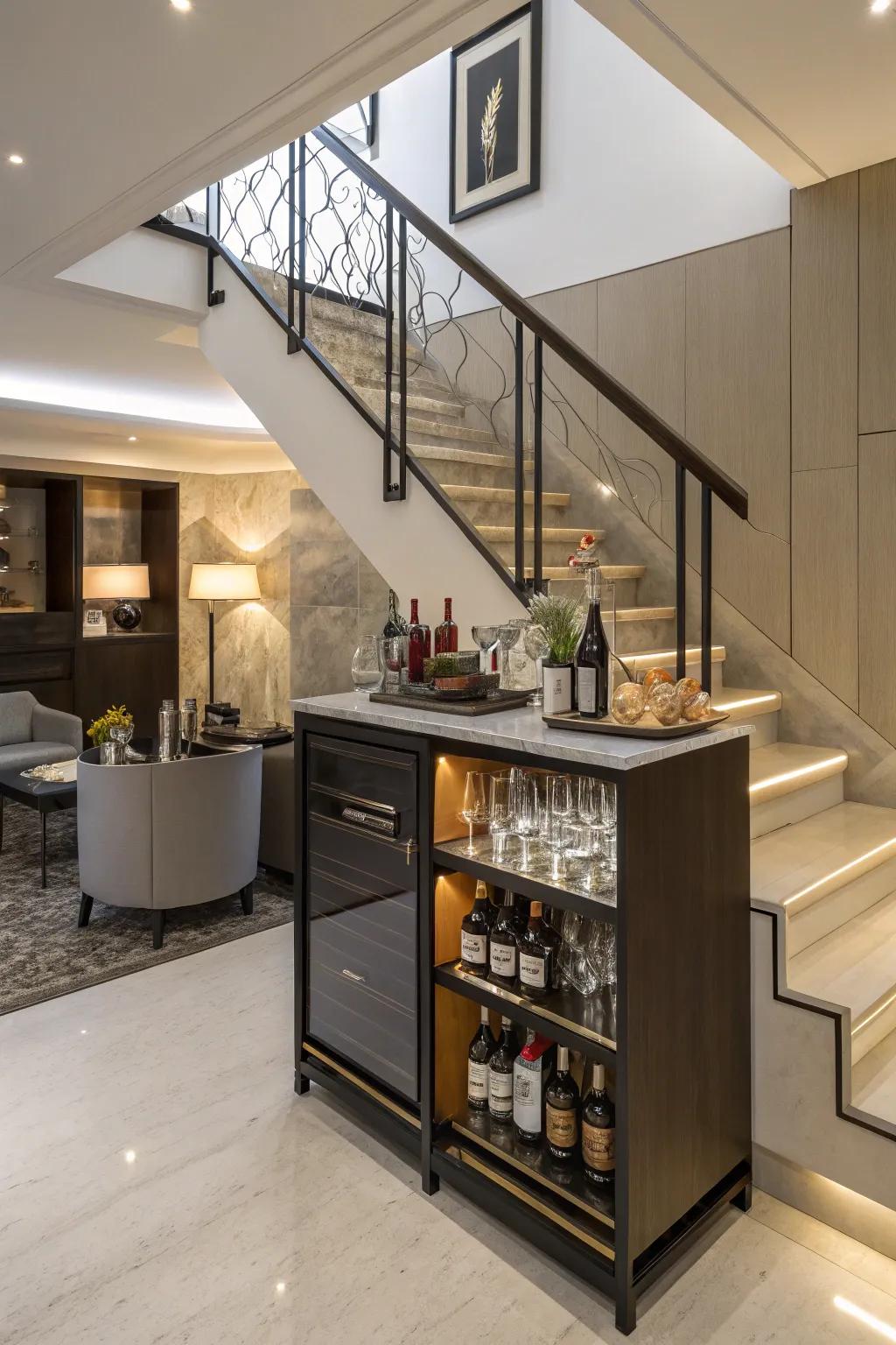 A home refreshment station beneath the staircase maximizes spatial economy and introduces an element of unexpected charm.