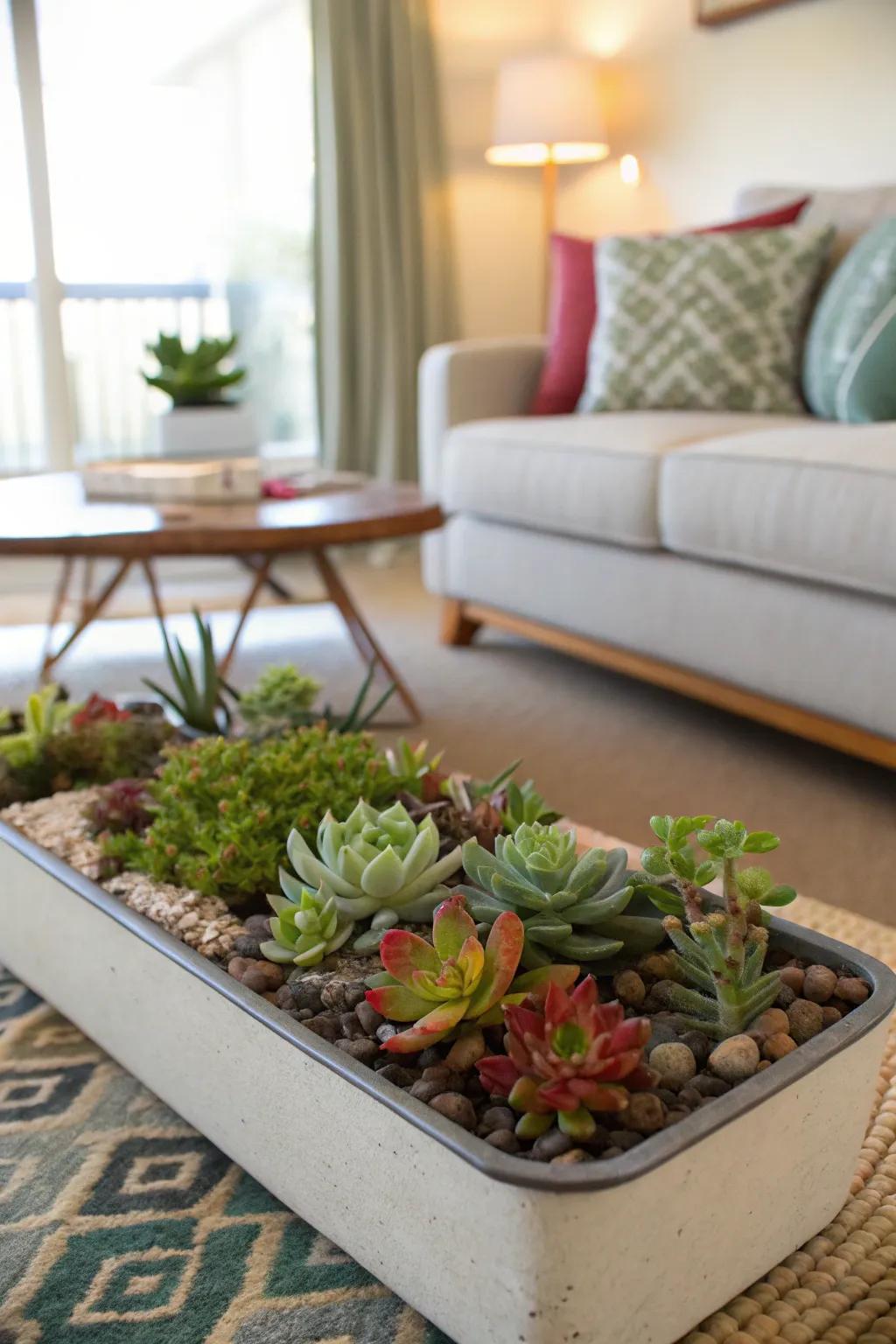 An exquisite showcase of various succulents arranged in a stylish container.