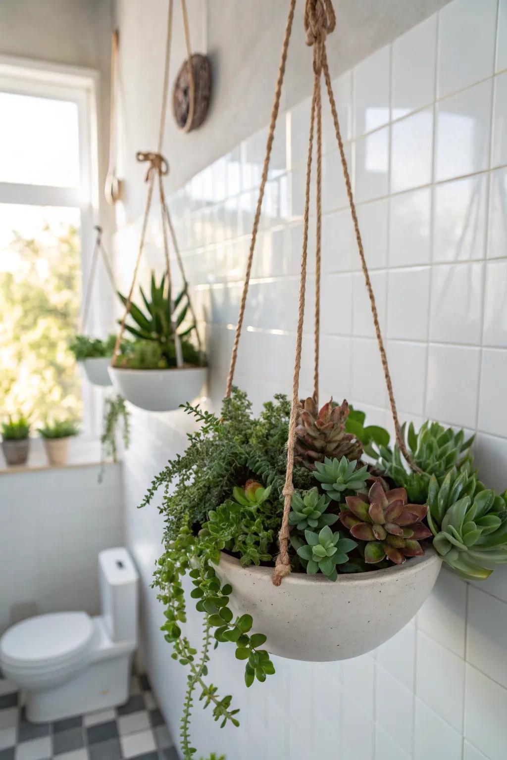 Suspended vessels showcase succulents at striking heights.