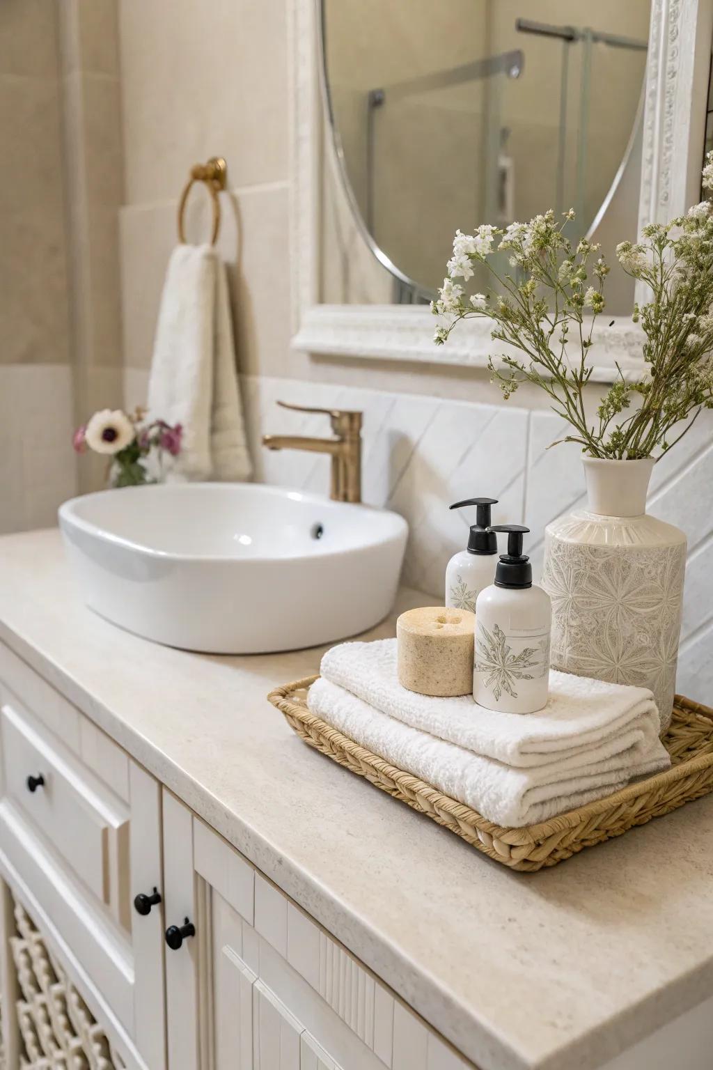 Understated hues compose a peaceful and balanced bathroom atmosphere.