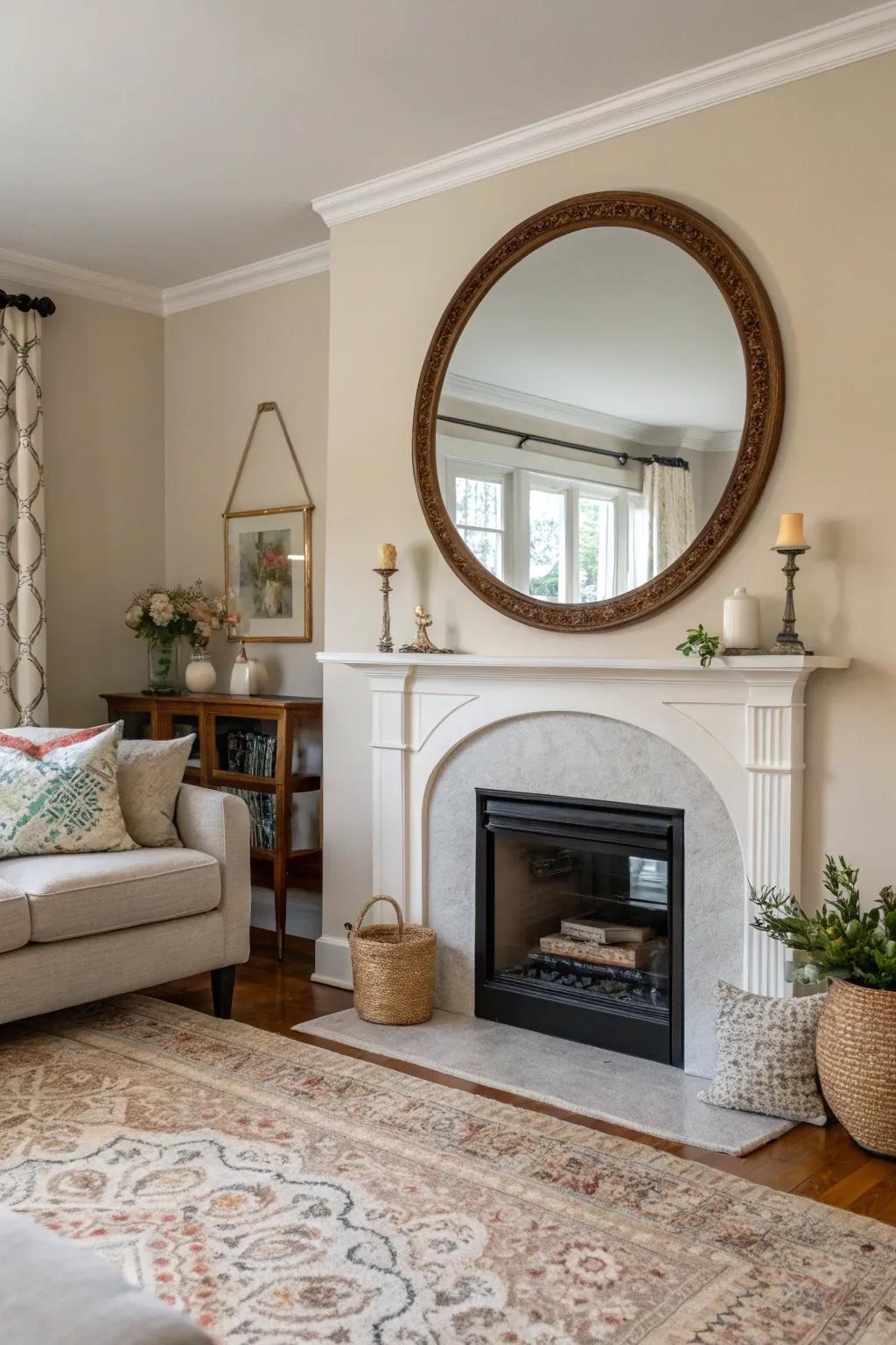 Circular mirrors bring a delicate elegance above the fireplace.