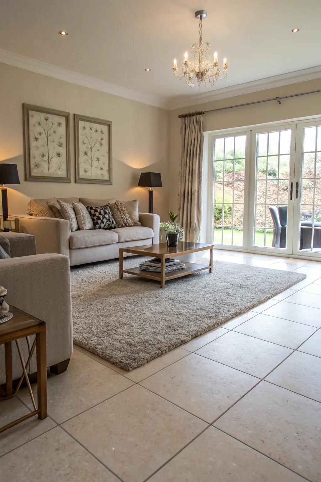 Contrasting surfaces between ceramic and carpet foster a visually stimulating atmosphere.