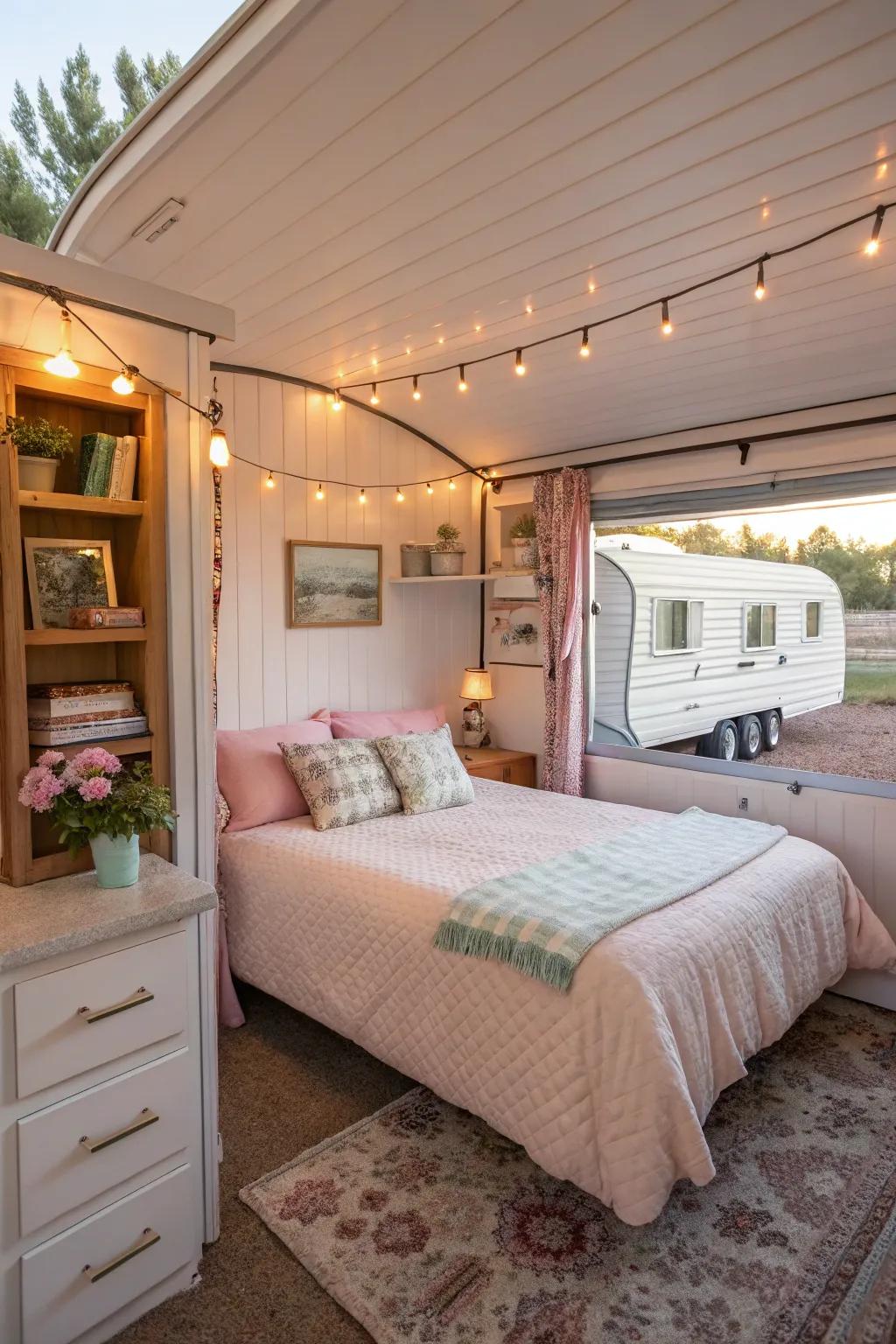 A tastefully decorated extra bedroom added to a mobile dwelling, expanding the available living space.
