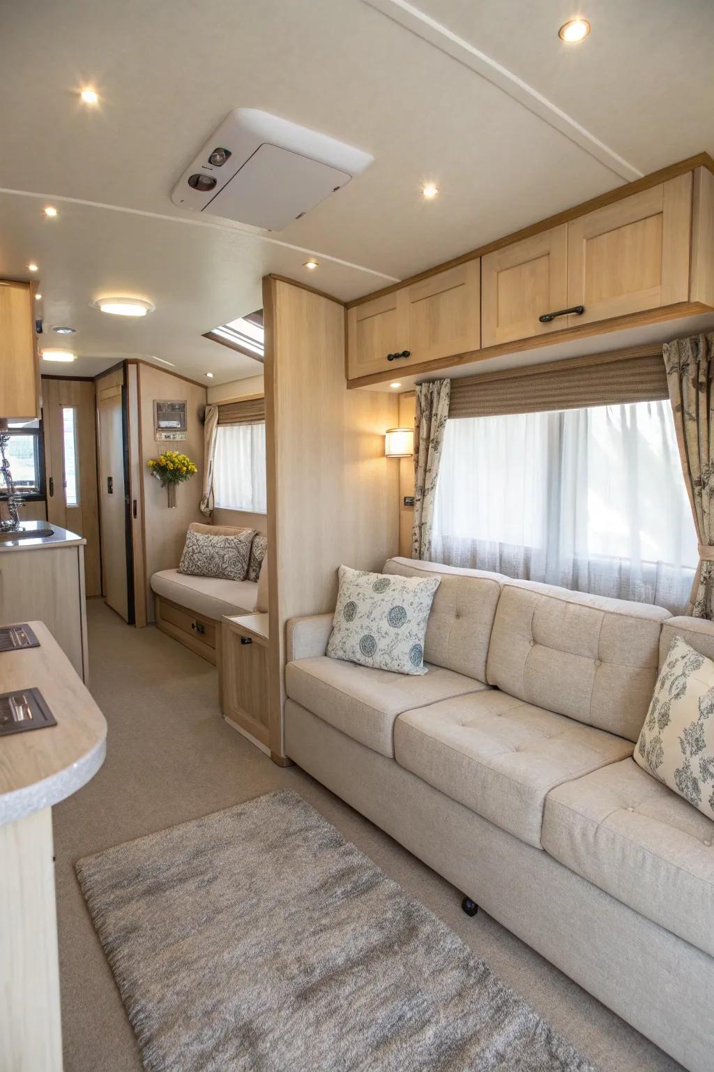 Your mobile home's visual space can be expanded by using neutral tones.