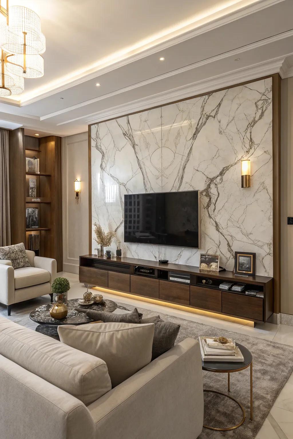 Stone veneer infuses a sumptuous sensation to the TV wall.