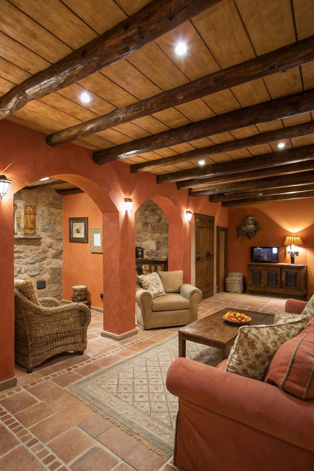 Terracotta hues contribute warmth and a natural essence to your basement.