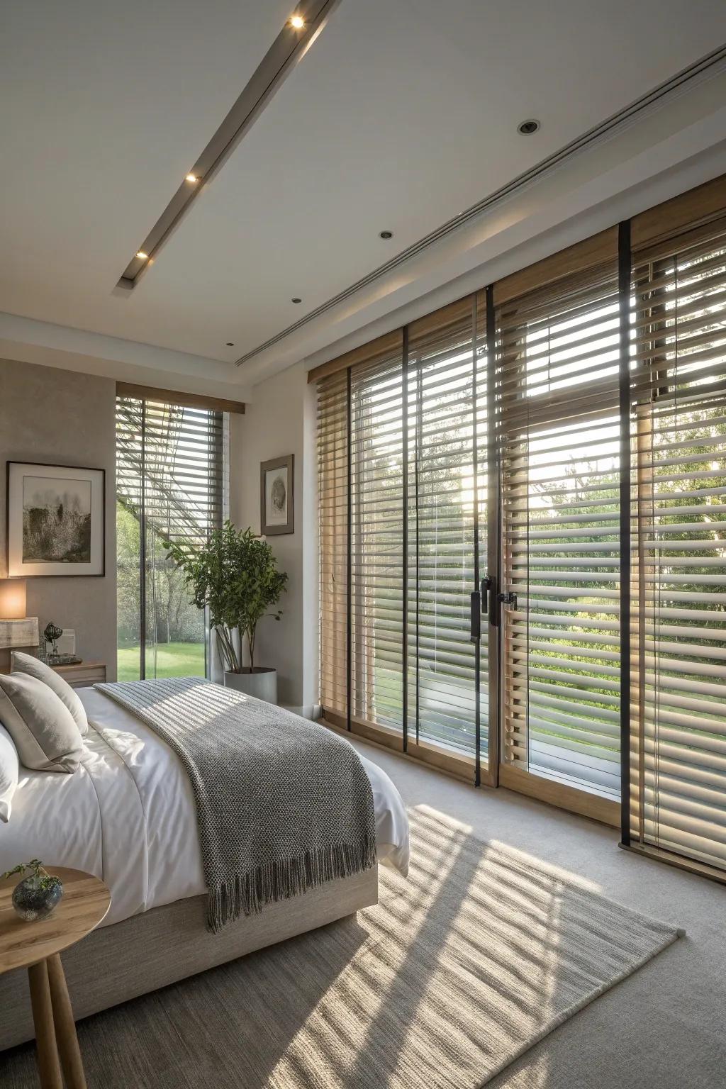 Adaptable louvered blinds in a contemporary arrangement