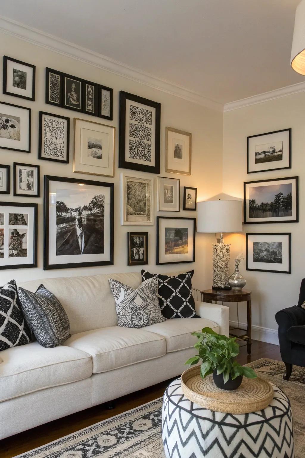 A monochromatic gallery display elevates the room with personalized artistry and profoundness.