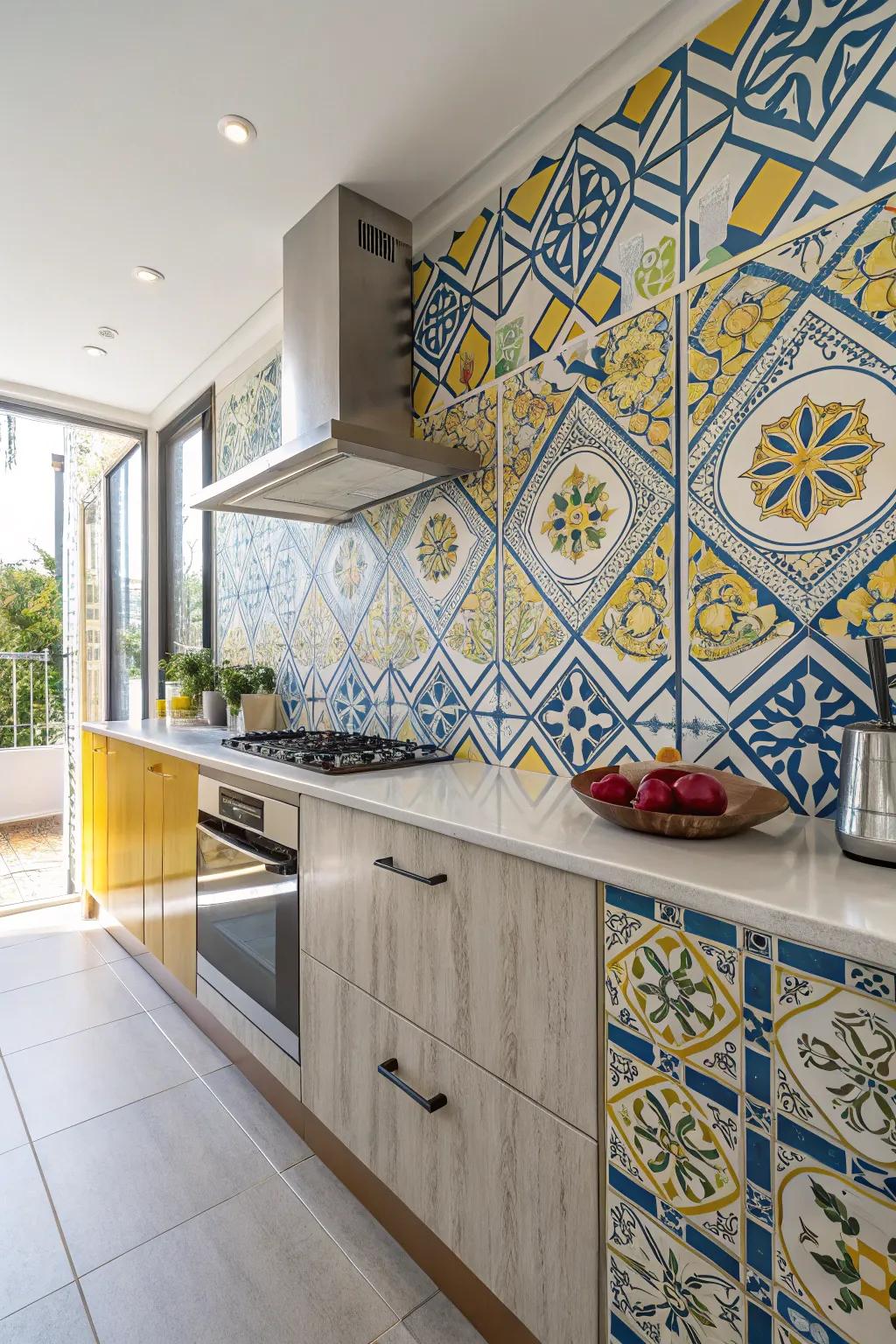 Shapely tiles fashion a breathtaking point of interest in this kitchen.